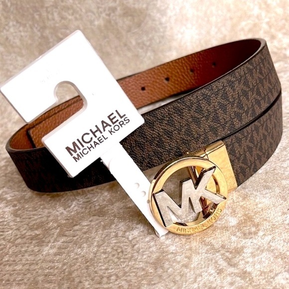 Brand New Michael Kors Genuine Leather Reversible Belt Tan Brown Logo Buckle - Picture 1 of 13